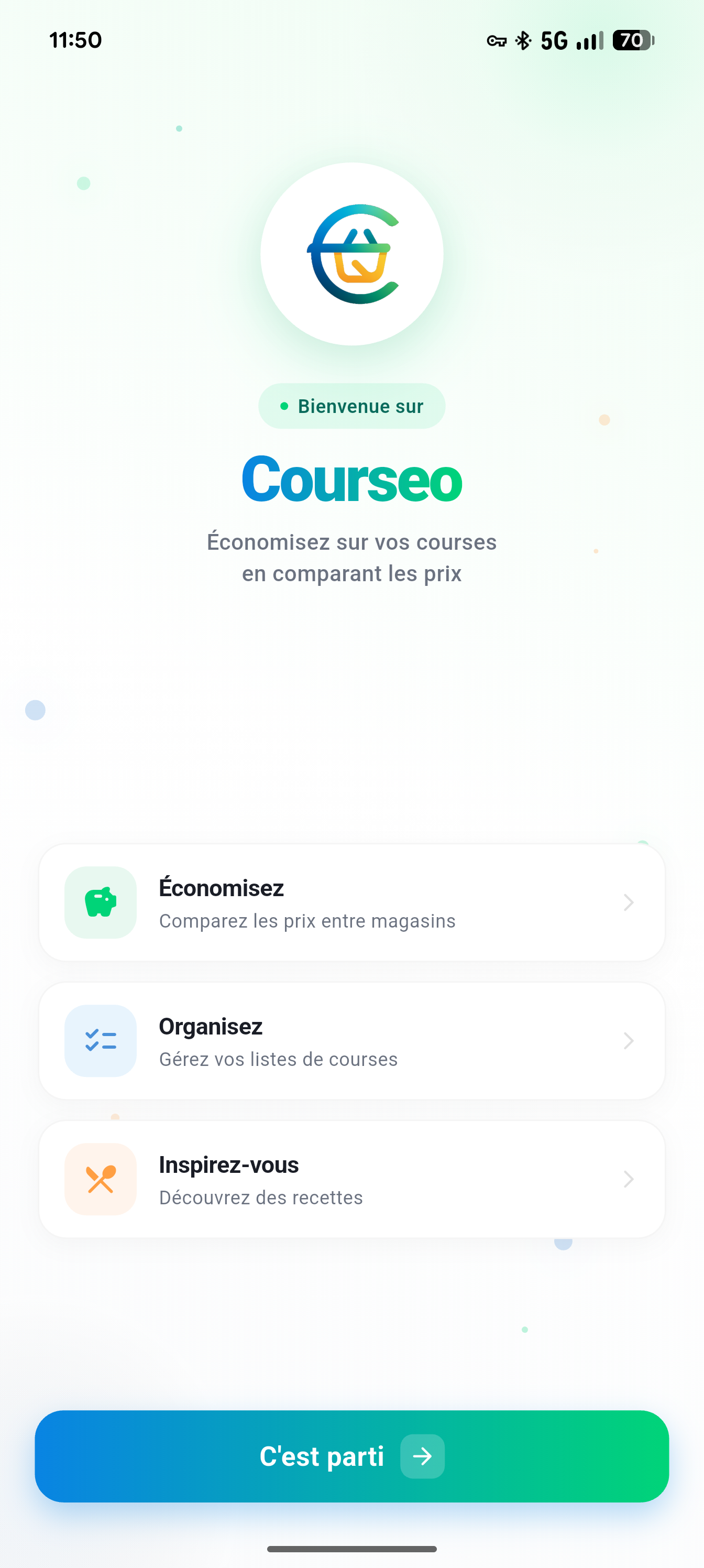 Écran de bienvenue Courseo