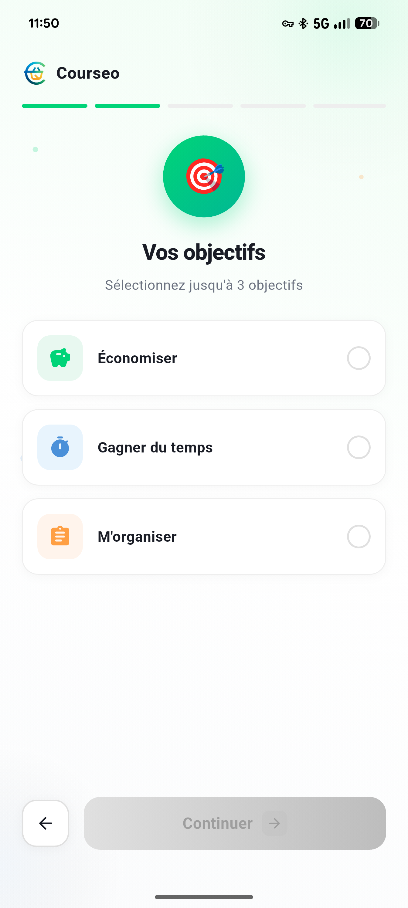 Onboarding Courseo : choisissez vos objectifs
