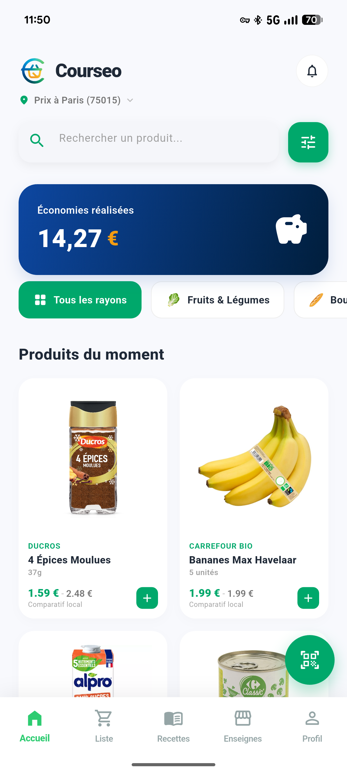 Tableau de bord Courseo avec économies réalisées